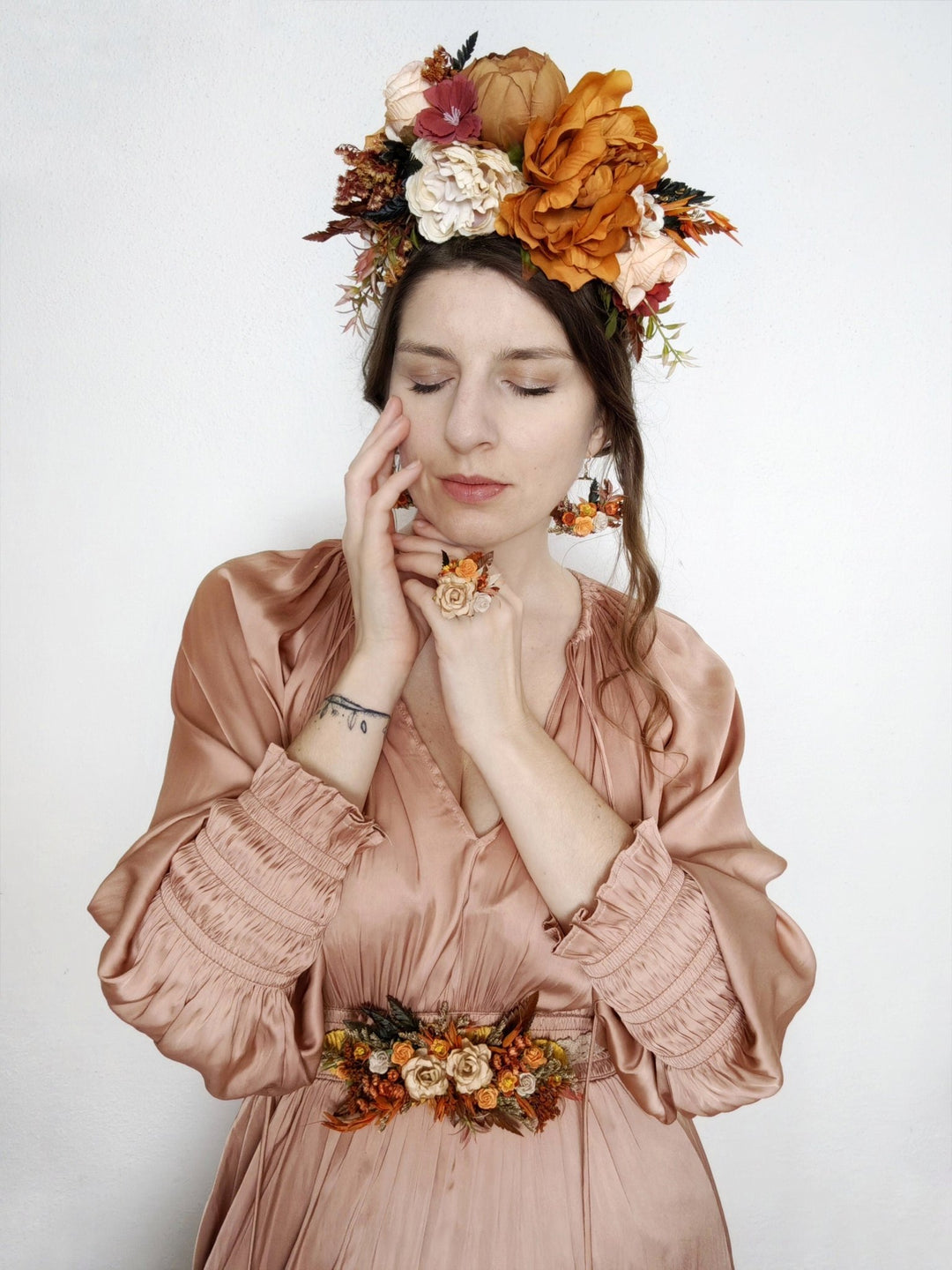 Terracotta Flower Belt: Burnt Orange Autumn Wedding Bridal Dress Belt – handmade floral hair accessory by magaela