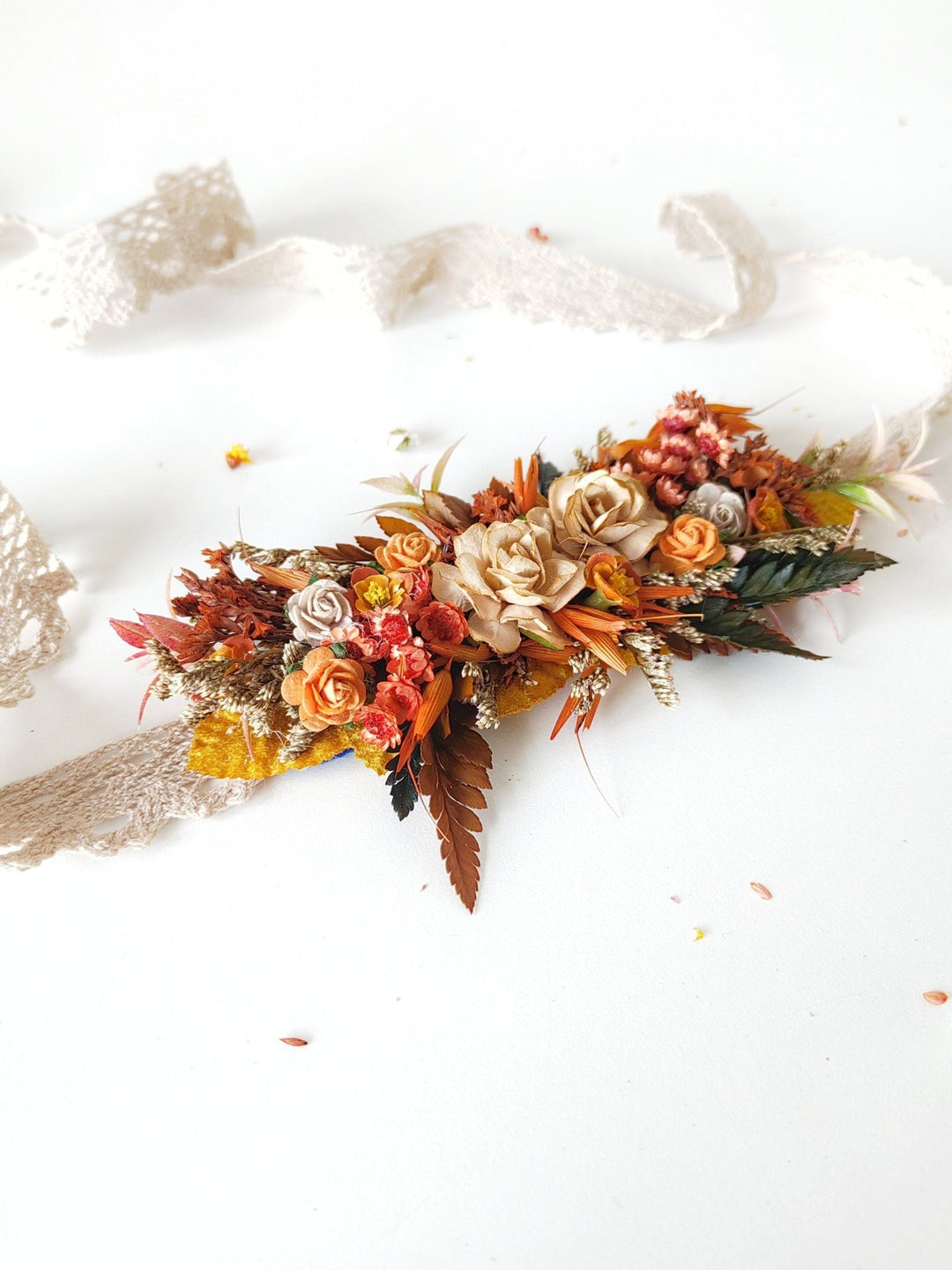 Terracotta Flower Belt: Burnt Orange Autumn Wedding Bridal Dress Belt – handmade floral hair accessory by magaela
