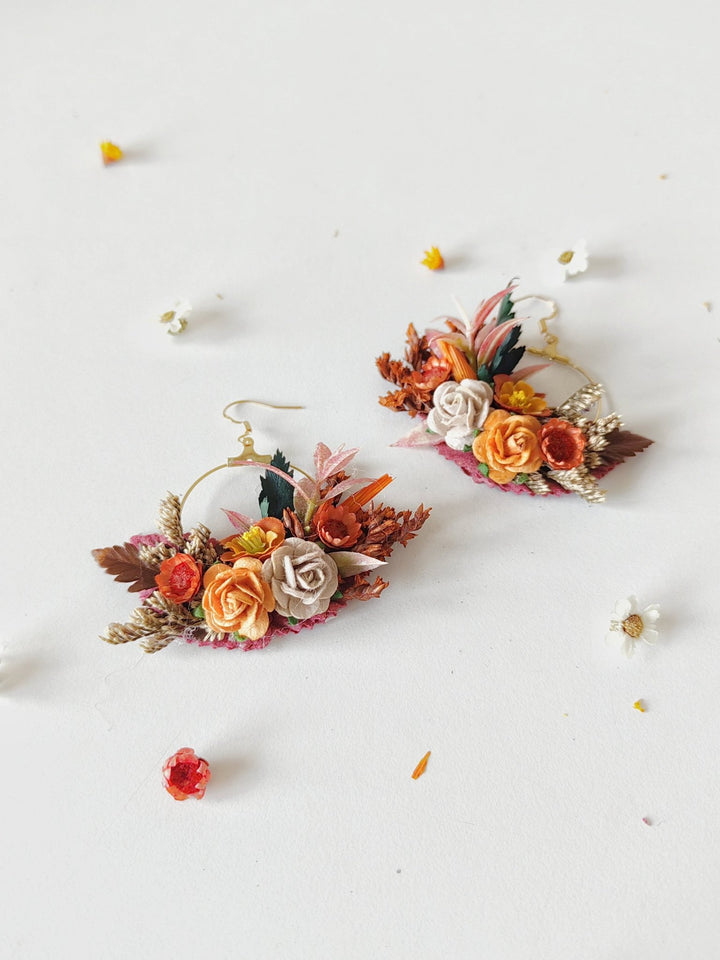 Terracotta Flower Circle Earrings: Autumn Wedding Jewelry – handmade floral hair accessory by magaela