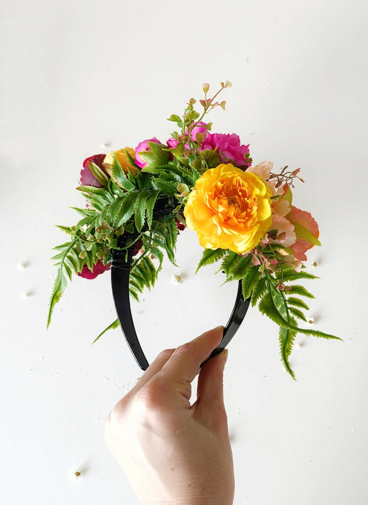 Frida Flower Crown: Pink & Yellow Floral Headband, Double - Sided Design – handmade floral hair accessory by magaela