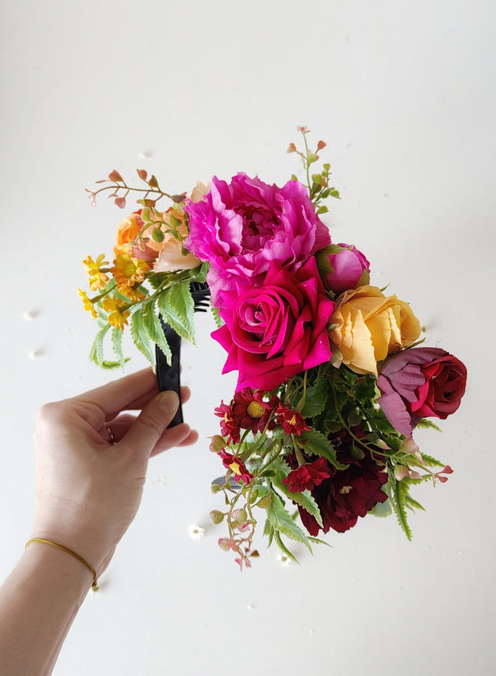 Frida Flower Crown: Pink & Yellow Floral Headband, Double - Sided Design – handmade floral hair accessory by magaela