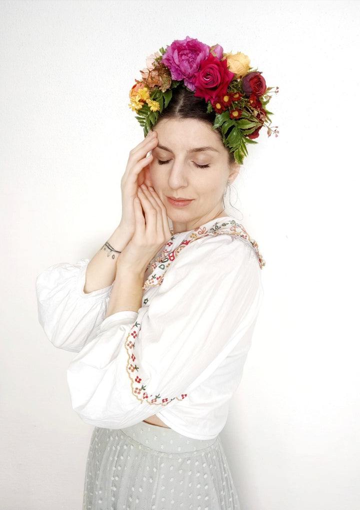 Colorful Magenta Frida Flower Headband: Double - Sided Floral Crown – handmade floral hair accessory by magaela