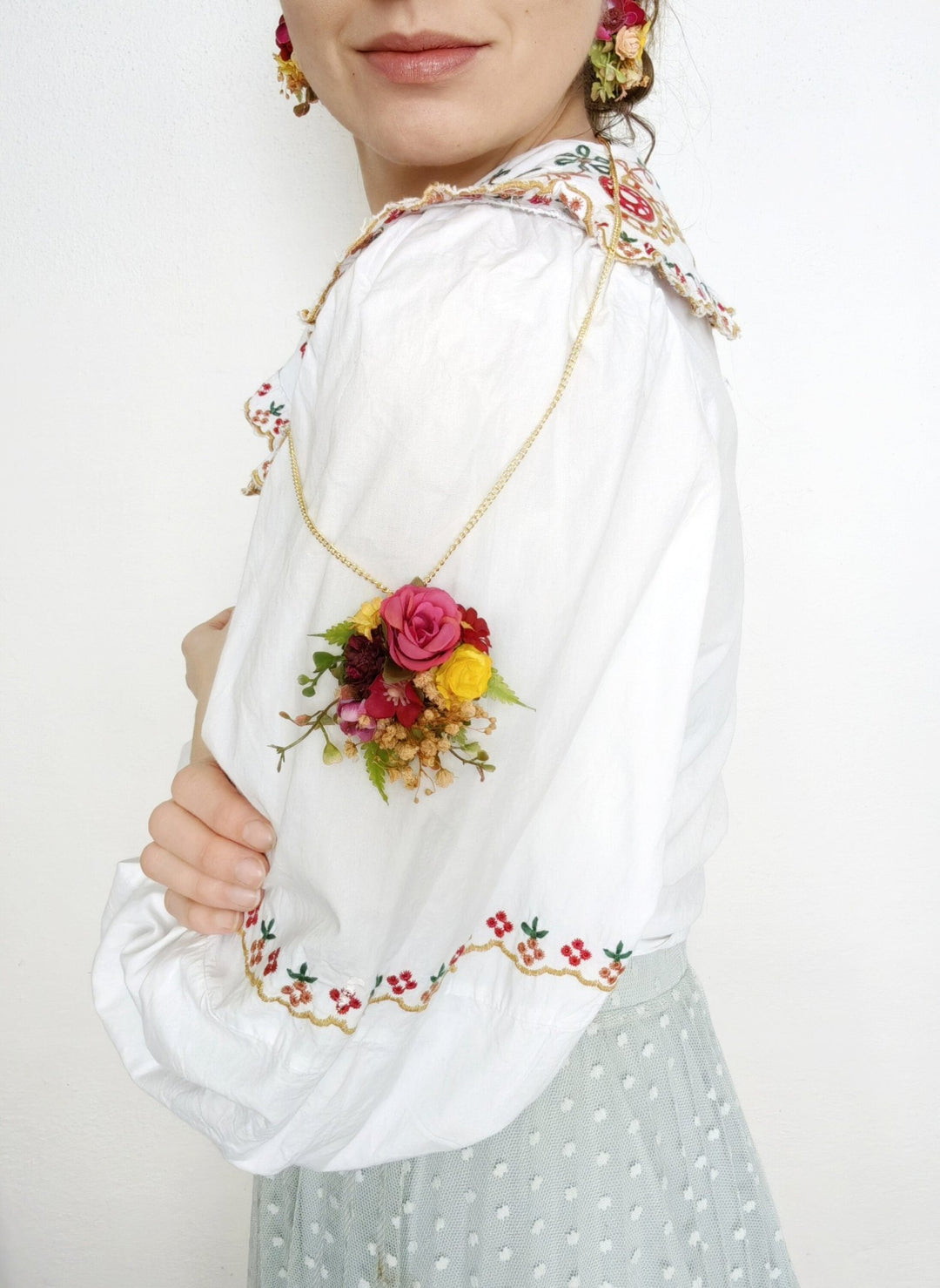 Pink & Yellow Flower Necklace: Romantic Bridal Jewelry – handmade floral hair accessory by magaela