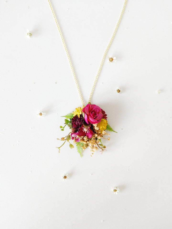 Pink & Yellow Flower Necklace: Romantic Bridal Jewelry – handmade floral hair accessory by magaela