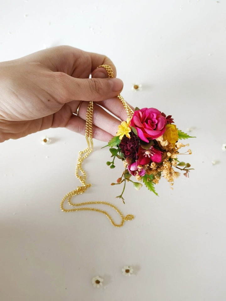 Pink & Yellow Flower Necklace: Romantic Bridal Jewelry – handmade floral hair accessory by magaela