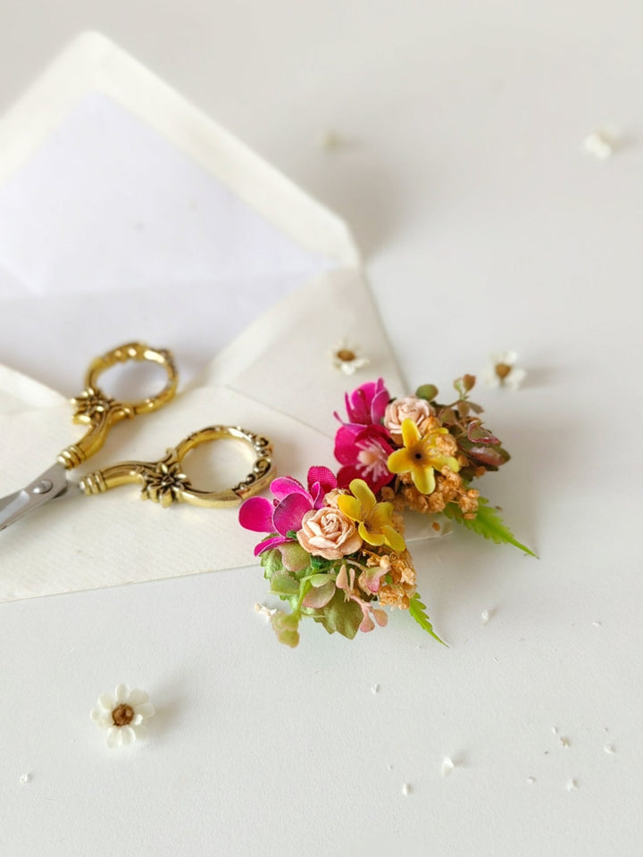 Magenta Yellow Flower Stud Earrings: Bridal Wedding Jewelry – handmade floral hair accessory by magaela