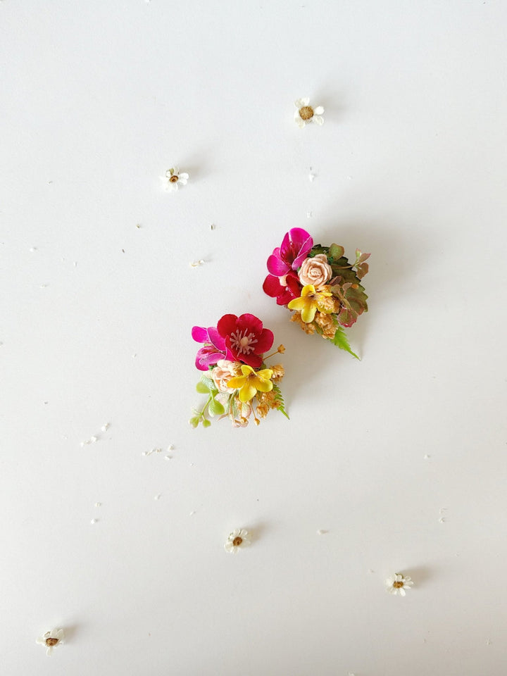Magenta Yellow Flower Stud Earrings: Bridal Wedding Jewelry – handmade floral hair accessory by magaela
