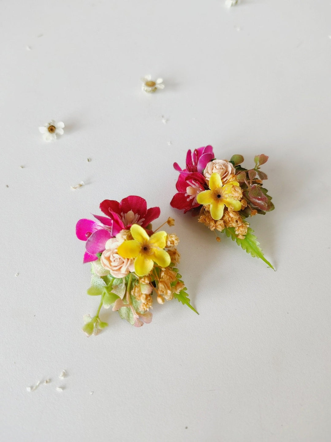Magenta Yellow Flower Earrings: Bridal Garden Wedding Jewelry – handmade floral hair accessory by magaela