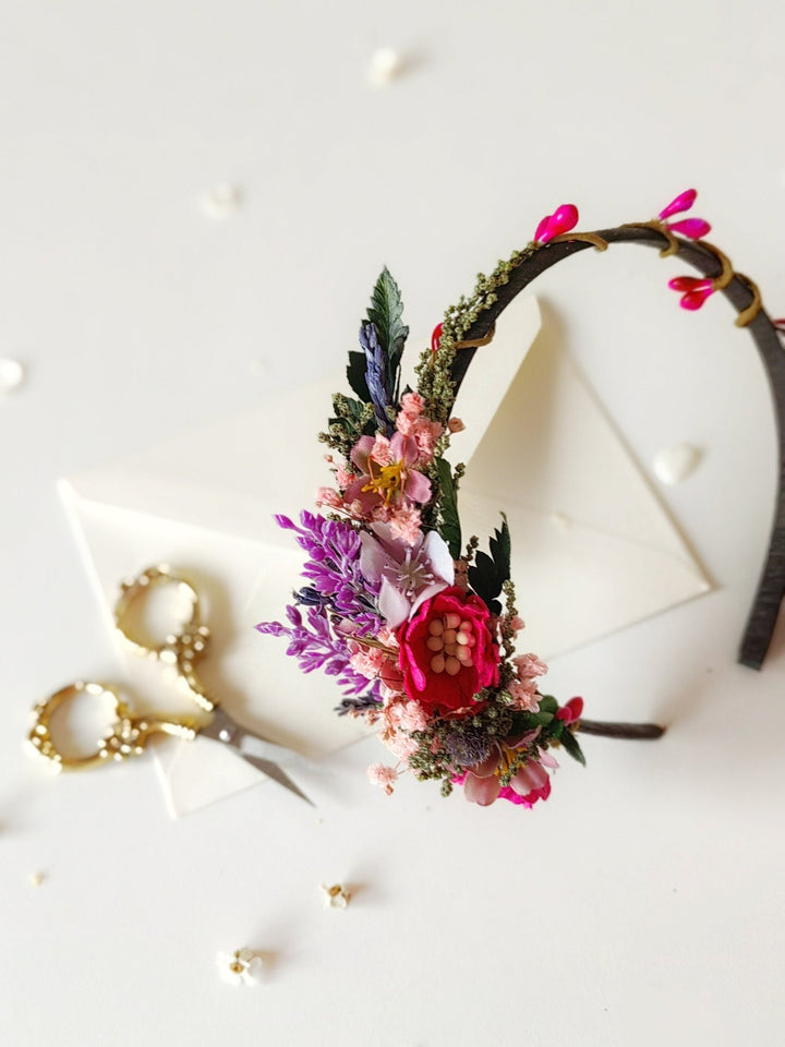 Magenta Purple Flower Headband: Boho Bridal Headpiece – handmade floral hair accessory by magaela