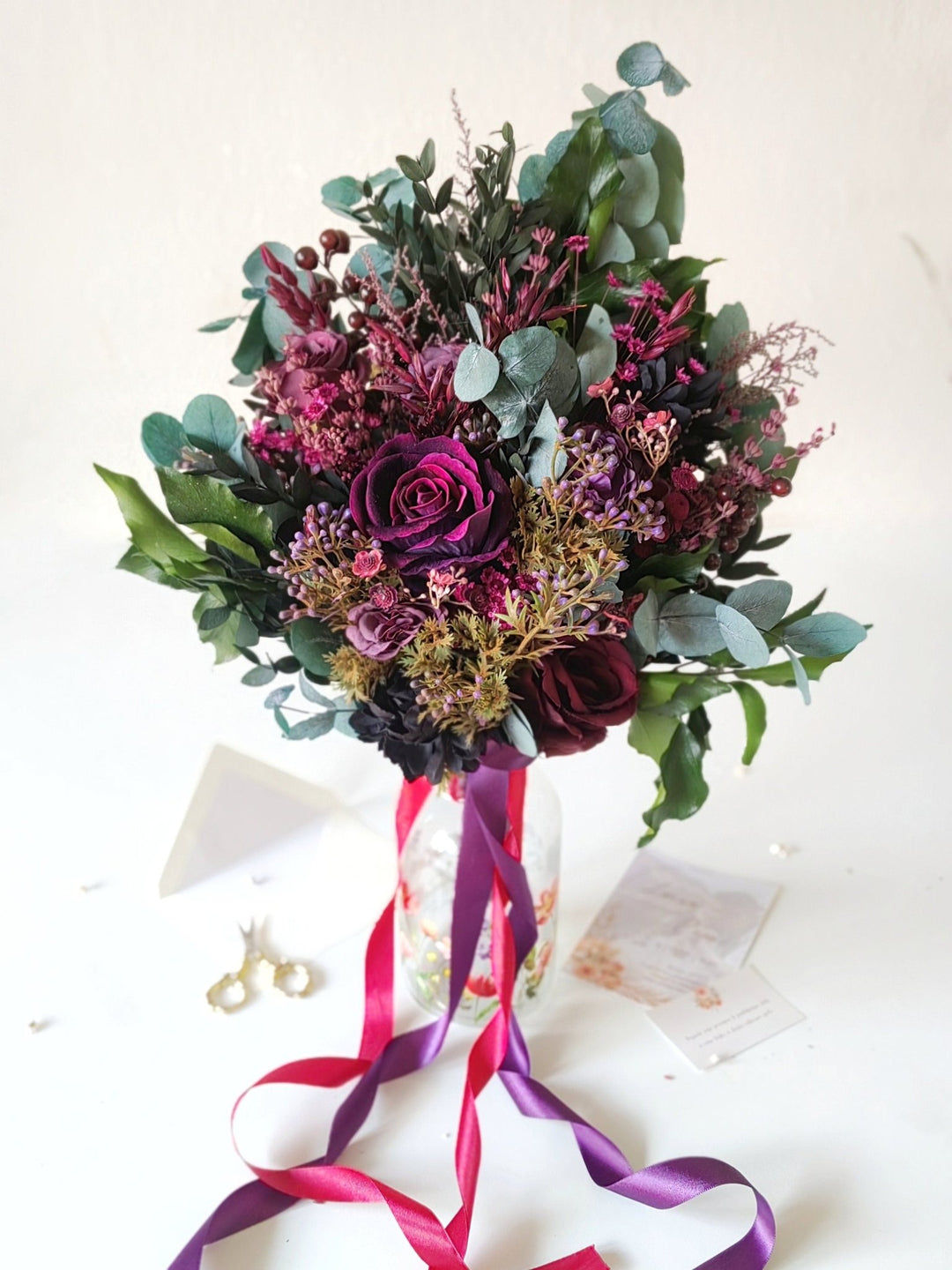 Plum & Purple Bridal Bouquet: Gothic Autumn Wedding Eucalyptus – handmade floral hair accessory by magaela