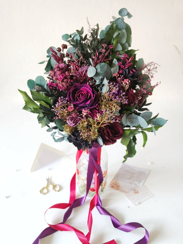 Plum & Purple Bridal Bouquet: Gothic Autumn Wedding Eucalyptus – handmade floral hair accessory by magaela