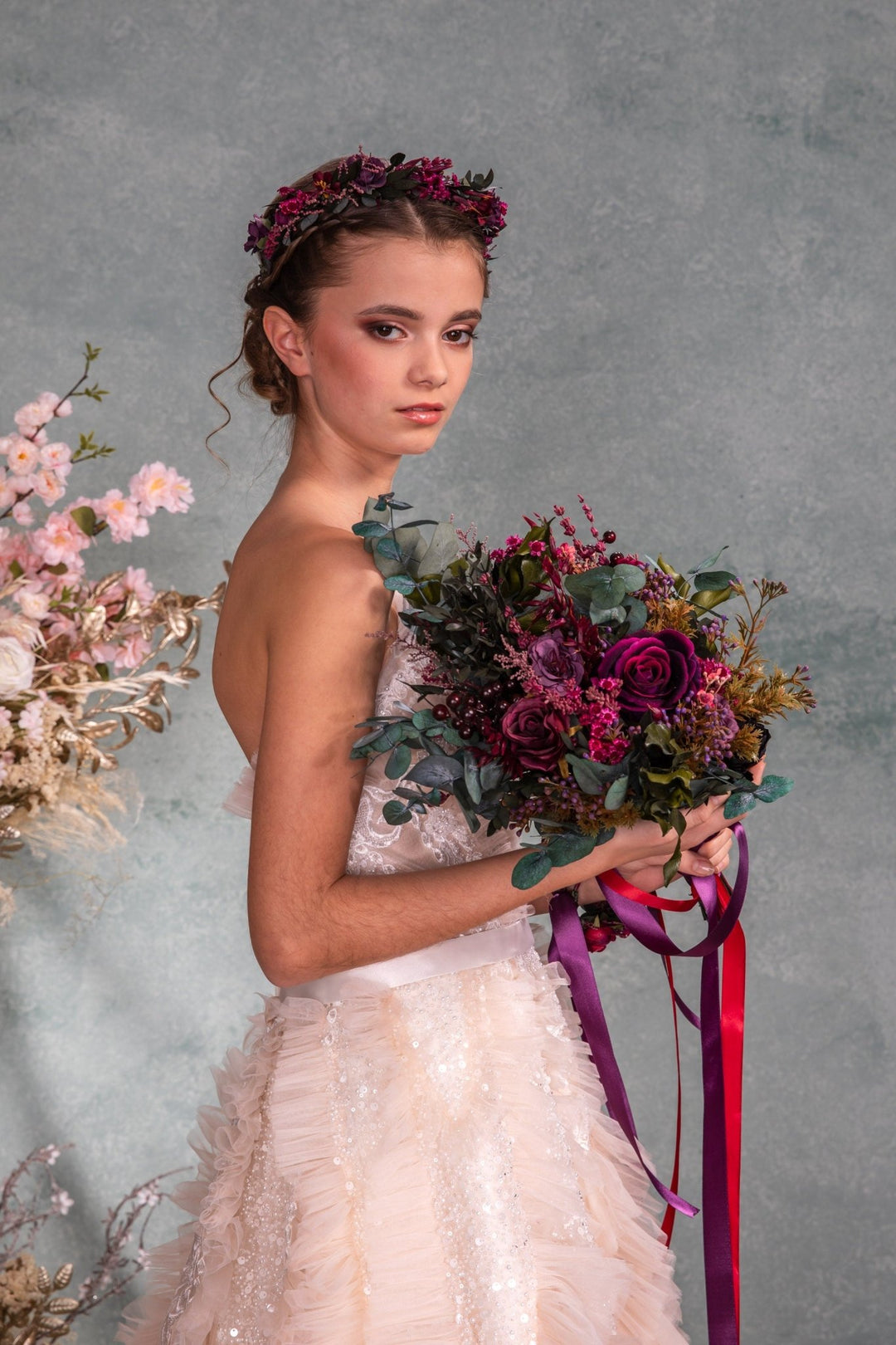 Plum & Purple Bridal Bouquet: Gothic Autumn Wedding Eucalyptus – handmade floral hair accessory by magaela