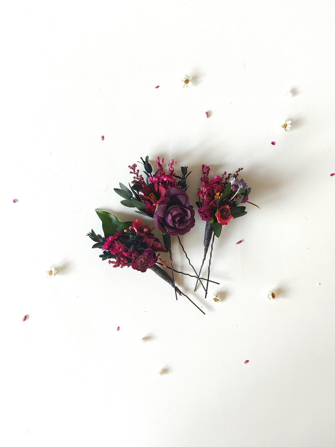 Burgundy Flower Hair Pins: Violet Wedding Bridal Headpiece – handmade floral hair accessory by magaela