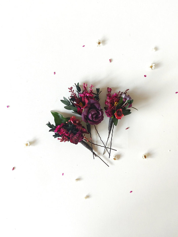 Burgundy Flower Hair Pins: Violet Wedding Bridal Headpiece – handmade floral hair accessory by magaela