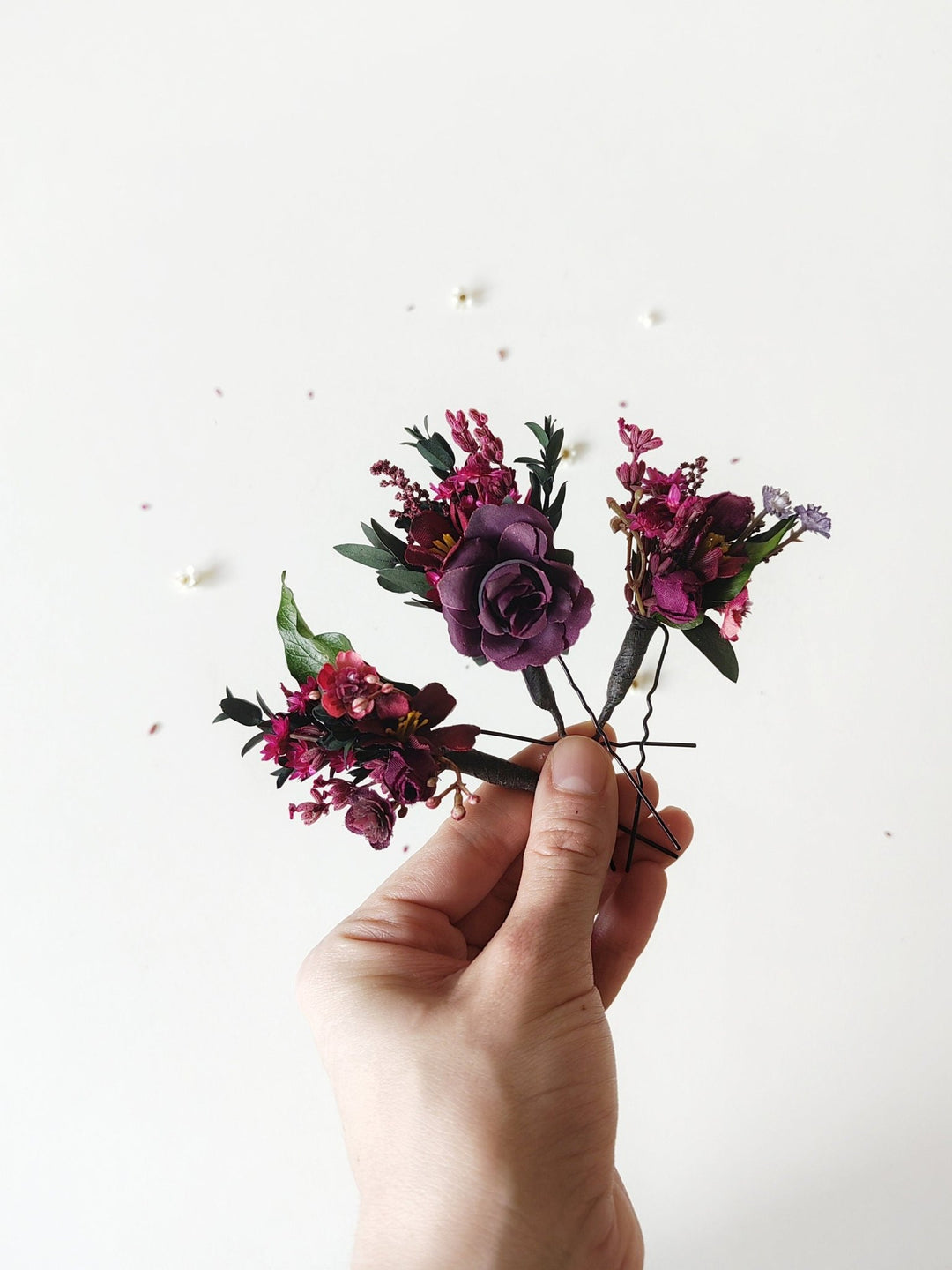 Burgundy Flower Hair Pins: Violet Wedding Bridal Headpiece – handmade floral hair accessory by magaela