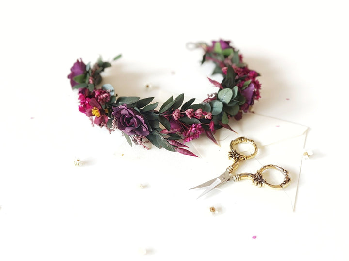 Burgundy Wedding Half Wreath: Dark Purple Floral Bridal Crown – handmade floral hair accessory by magaela