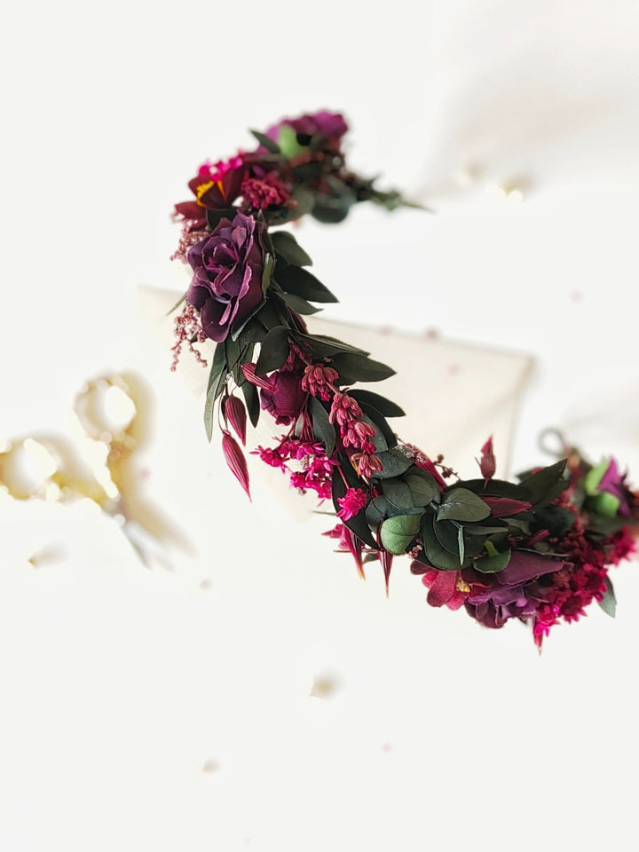 Burgundy Wedding Half Wreath: Dark Purple Floral Bridal Crown – handmade floral hair accessory by magaela