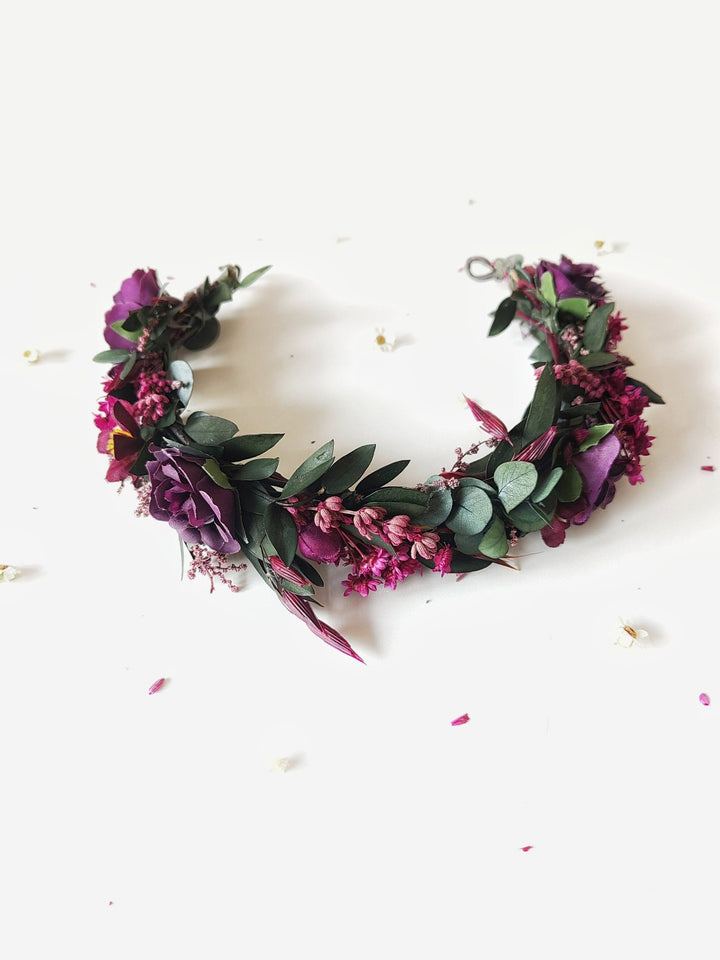Burgundy Wedding Half Wreath: Dark Purple Floral Bridal Crown – handmade floral hair accessory by magaela
