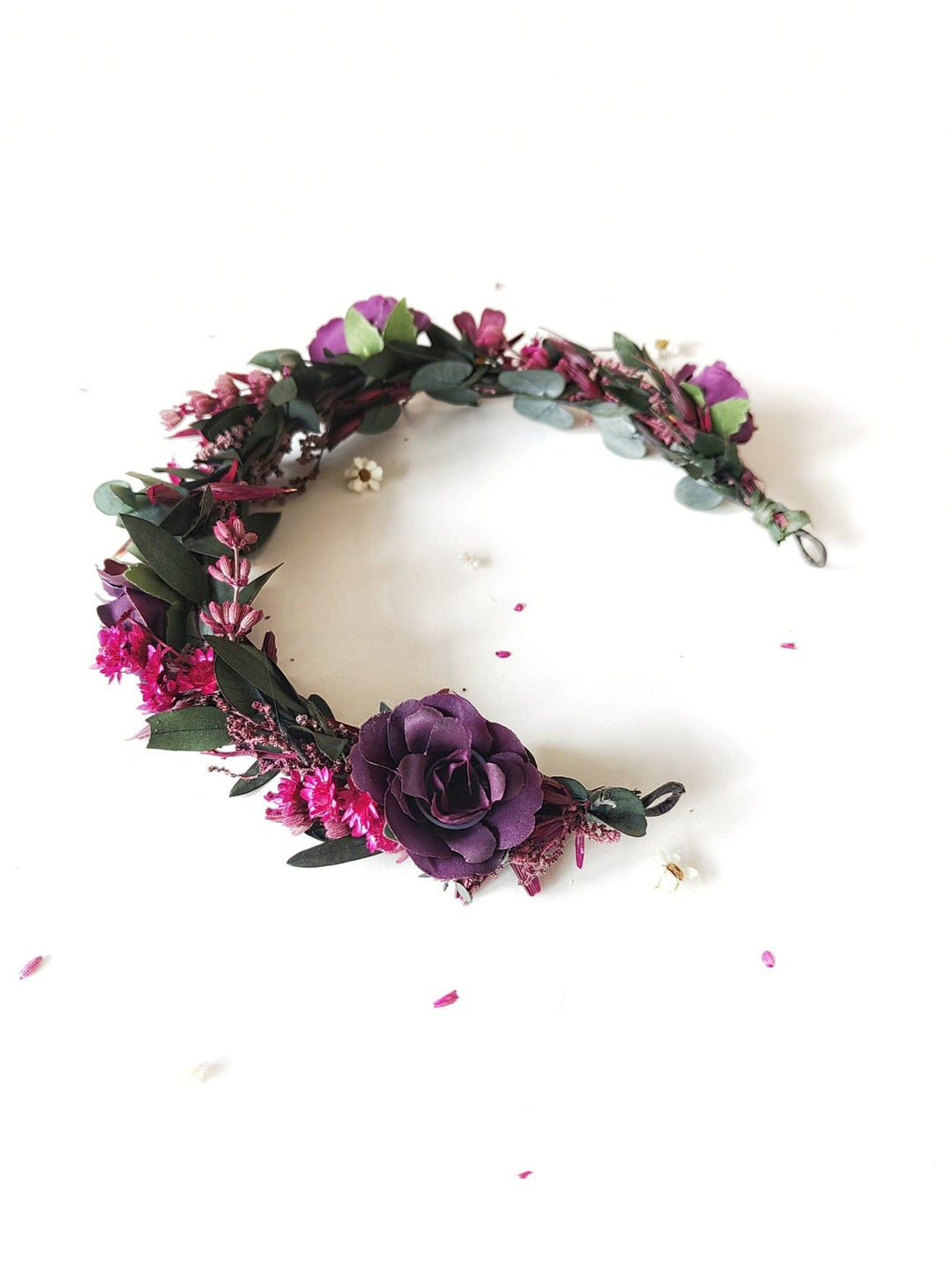 Burgundy Wedding Half Wreath: Dark Purple Floral Bridal Crown – handmade floral hair accessory by magaela