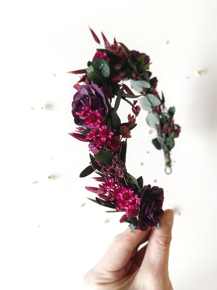 Burgundy Wedding Half Wreath: Dark Purple Floral Bridal Crown – handmade floral hair accessory by magaela