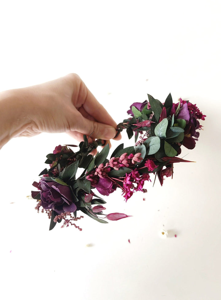 Burgundy Wedding Half Wreath: Dark Purple Floral Bridal Crown – handmade floral hair accessory by magaela