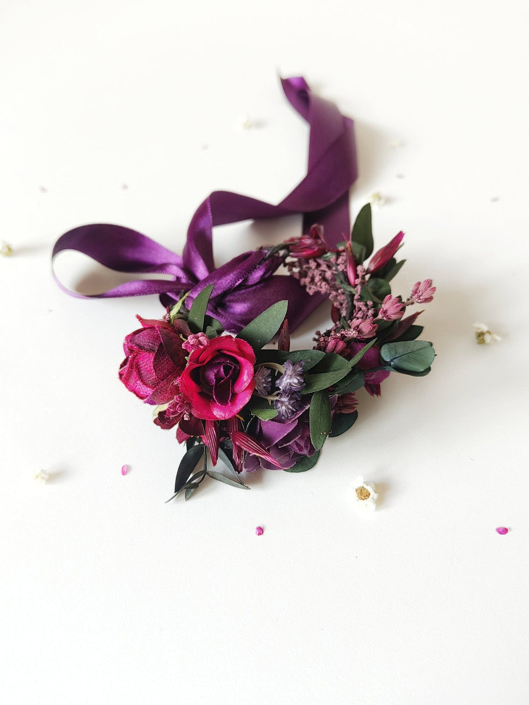 Purple Flower Wrist Corsage: Bridesmaid Wedding Bracelet – handmade floral hair accessory by magaela