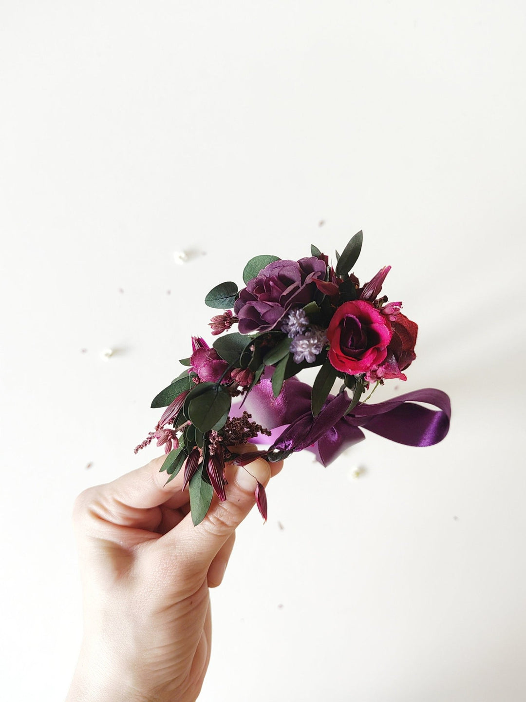 Purple Flower Wrist Corsage: Bridesmaid Wedding Bracelet – handmade floral hair accessory by magaela