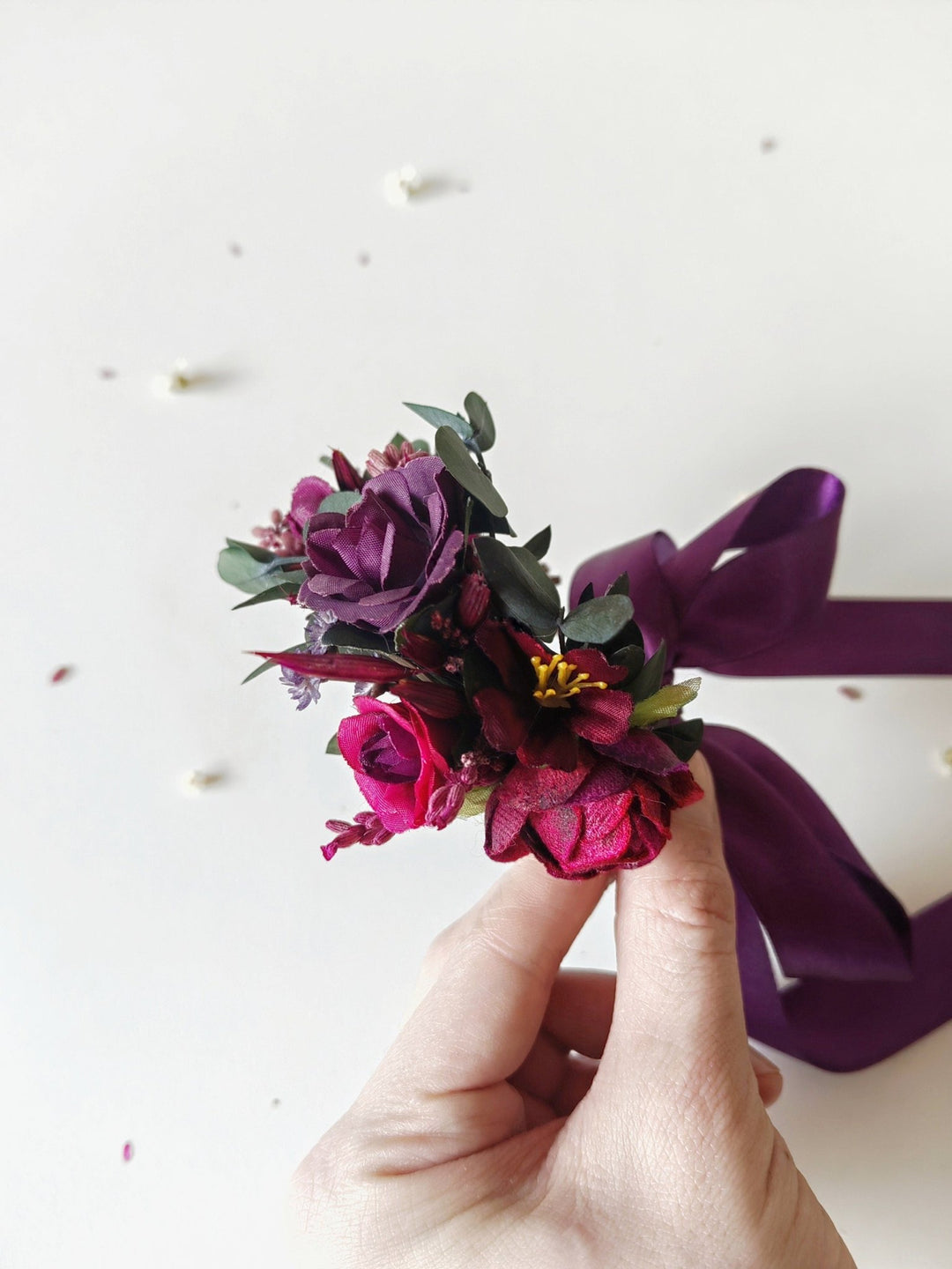 Purple Flower Wrist Corsage: Bridesmaid Wedding Bracelet – handmade floral hair accessory by magaela