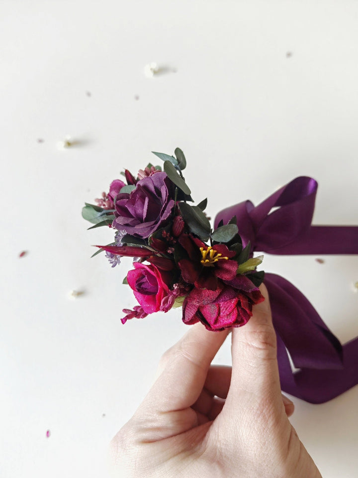 Purple Flower Wrist Corsage: Bridesmaid Wedding Bracelet – handmade floral hair accessory by magaela