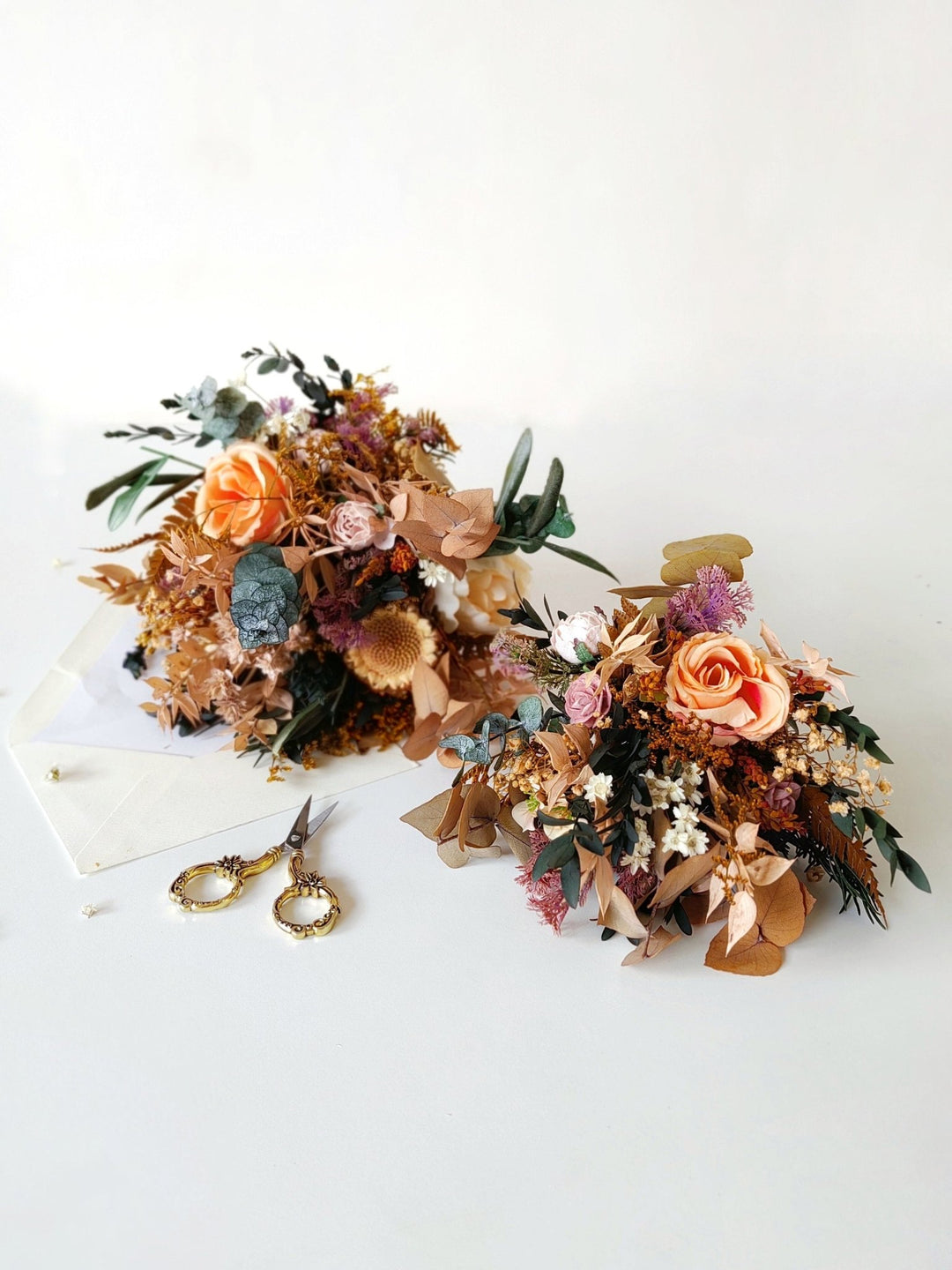 Autumn Rustic Bridal Bouquet: Orange Cream Eucalyptus Wedding – handmade floral hair accessory by magaela