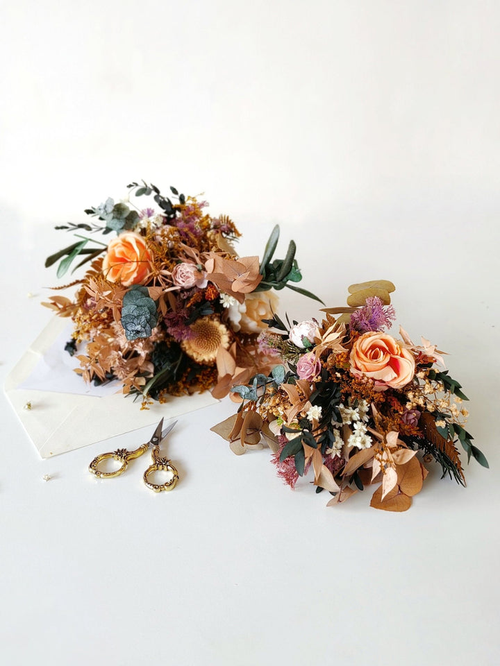 Autumn Rustic Bridal Bouquet: Orange Cream Eucalyptus Wedding – handmade floral hair accessory by magaela