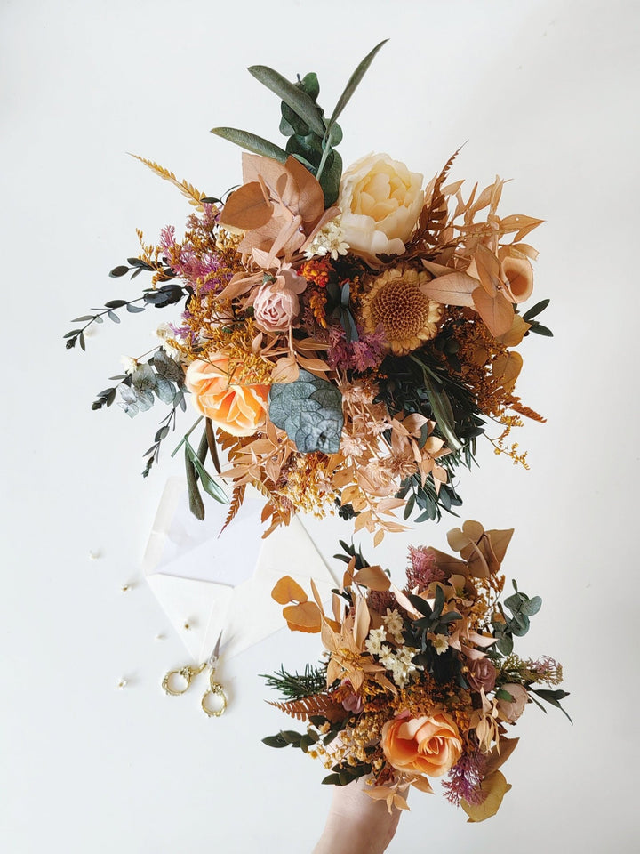 Autumn Rustic Bridal Bouquet: Orange Cream Eucalyptus Wedding – handmade floral hair accessory by magaela