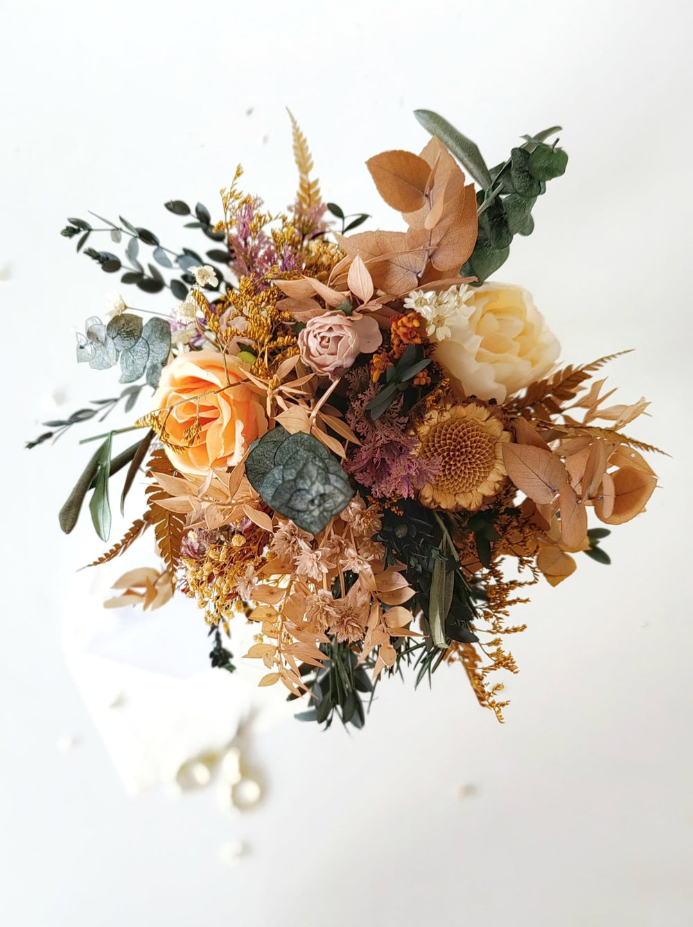 Rustic Autumn Bridal Bouquet: Mocha Orange Eucalyptus Wedding – handmade floral hair accessory by magaela