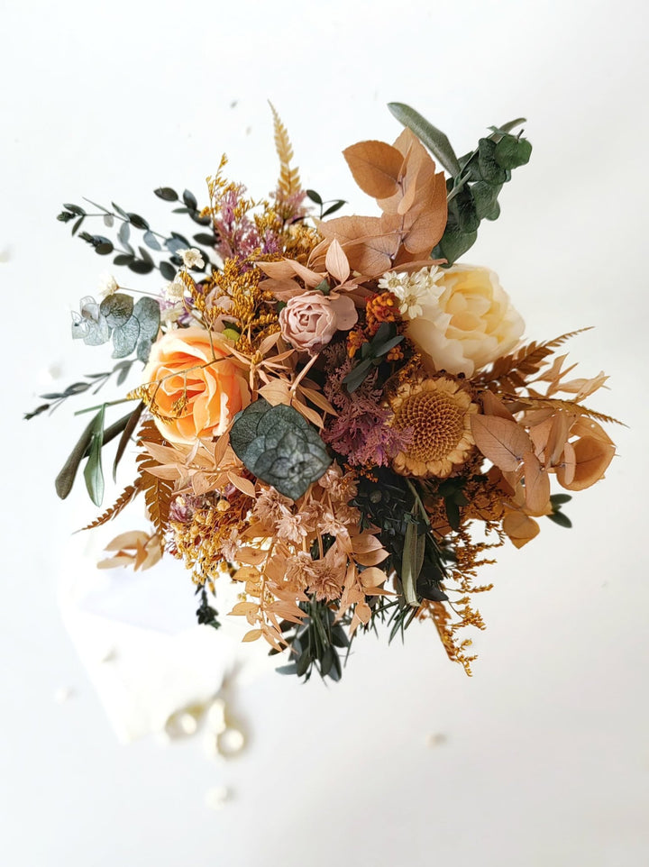 Rustic Autumn Bridal Bouquet: Mocha Orange Eucalyptus Wedding – handmade floral hair accessory by magaela