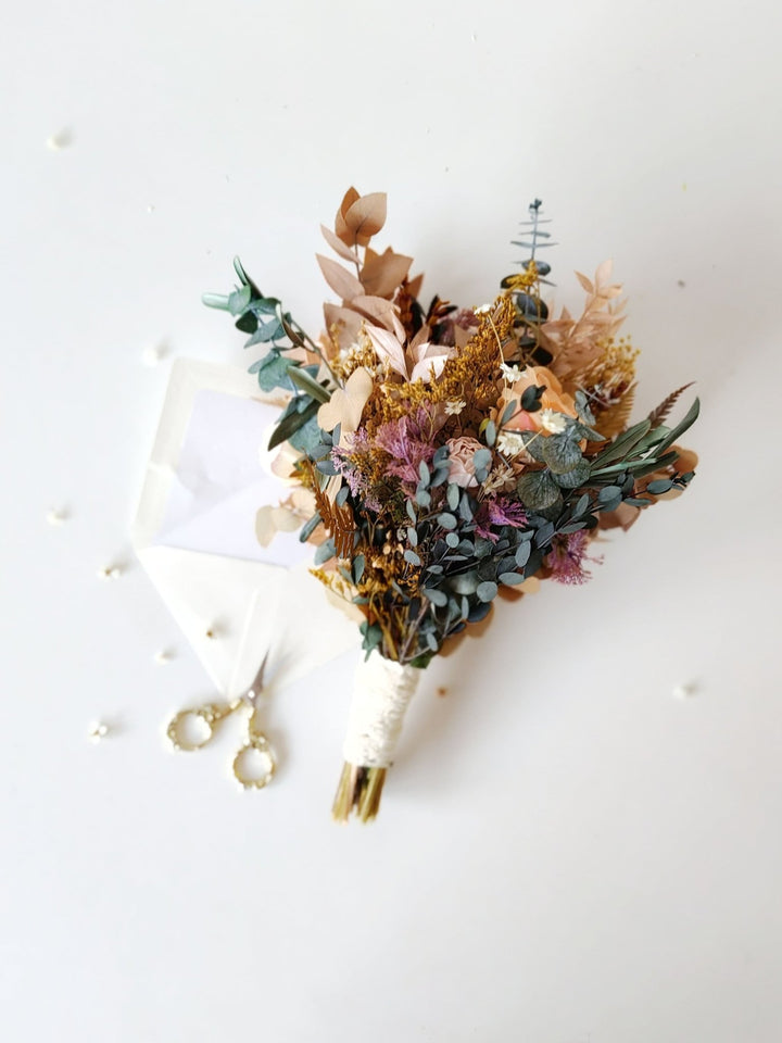 Autumn Rustic Bridal Bouquet: Orange Cream Eucalyptus Wedding – handmade floral hair accessory by magaela