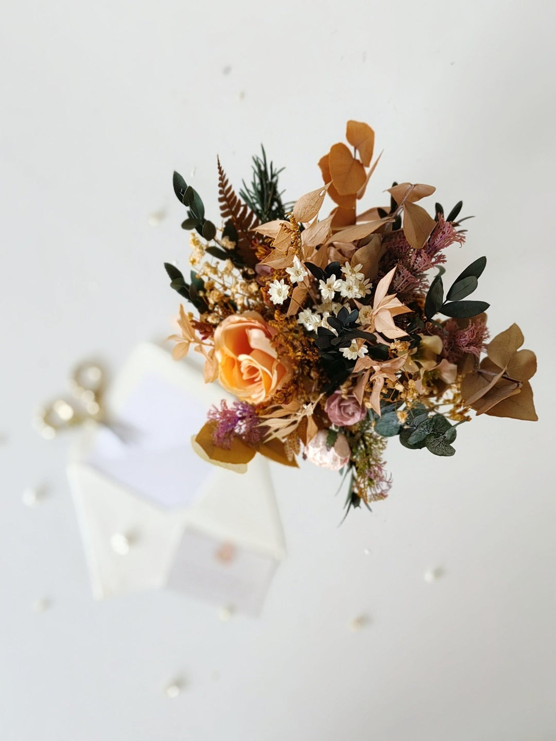 Rustic Autumn Bridal Bouquet: Mocha Orange Eucalyptus Bridesmaids Bouquet – handmade floral hair accessory by magaela
