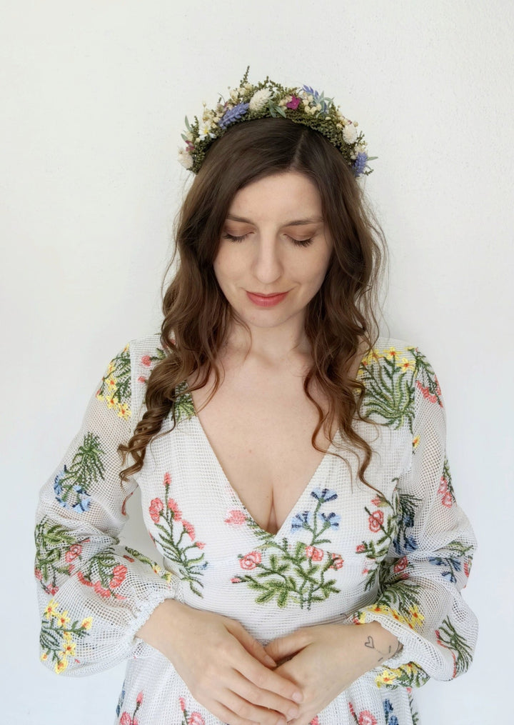 Lavender Daisy Flower Crown: Bridal Meadow Headpiece – handmade floral hair accessory by magaela