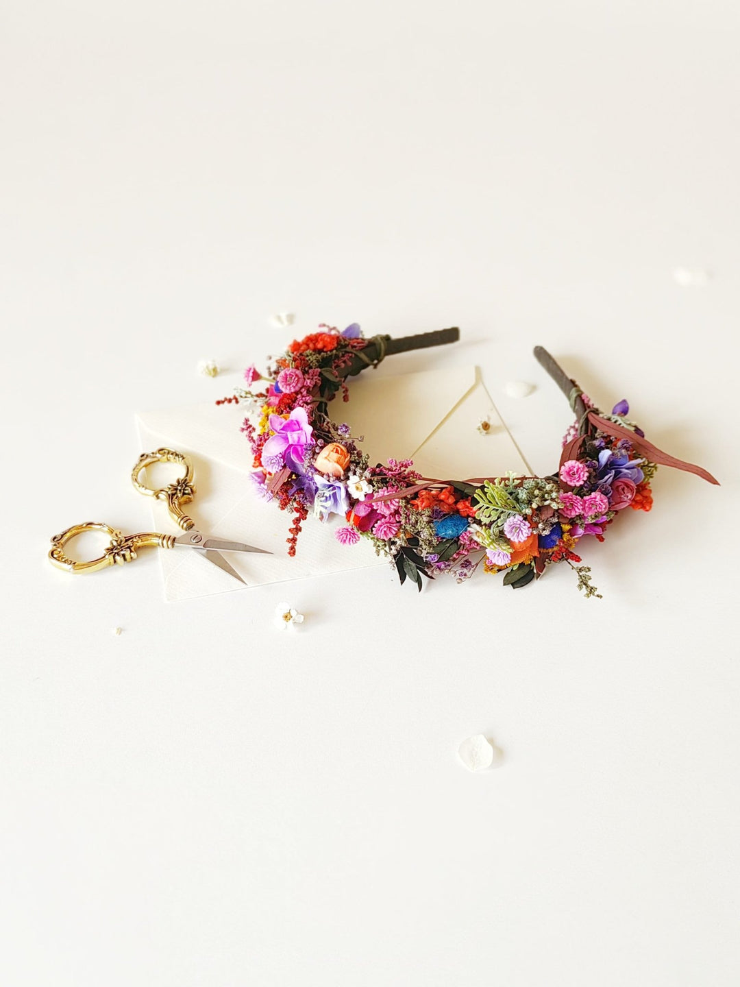 Colorful Preserved Flower Crown: Bridal Meadow Headpiece – handmade floral hair accessory by magaela