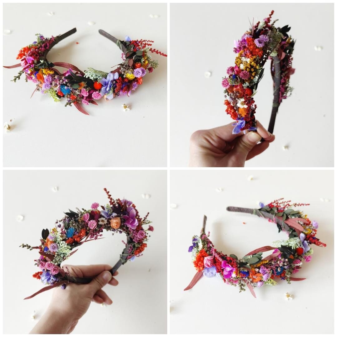 Colorful Preserved Flower Crown: Bridal Meadow Headpiece – handmade floral hair accessory by magaela