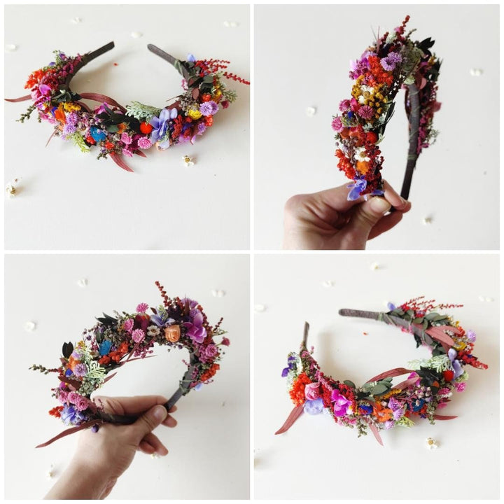 Colorful Preserved Flower Crown: Bridal Meadow Headpiece – handmade floral hair accessory by magaela