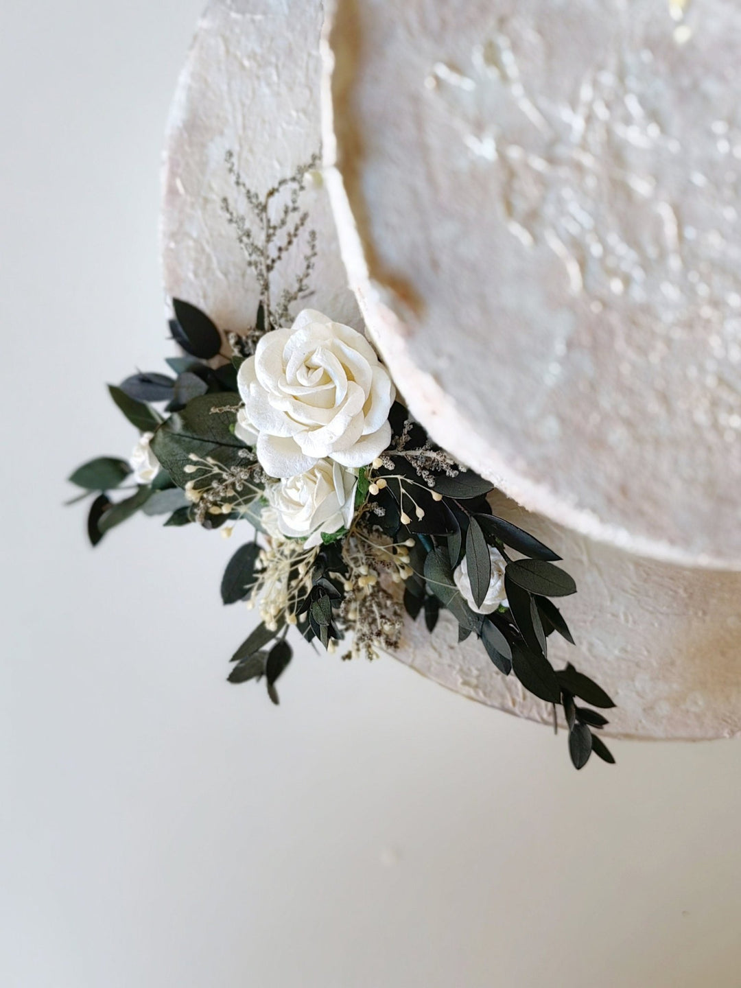 Eucalyptus Wedding Cake Toppers: White Roses & Baby's Breath Flower Set – handmade floral hair accessory by magaela