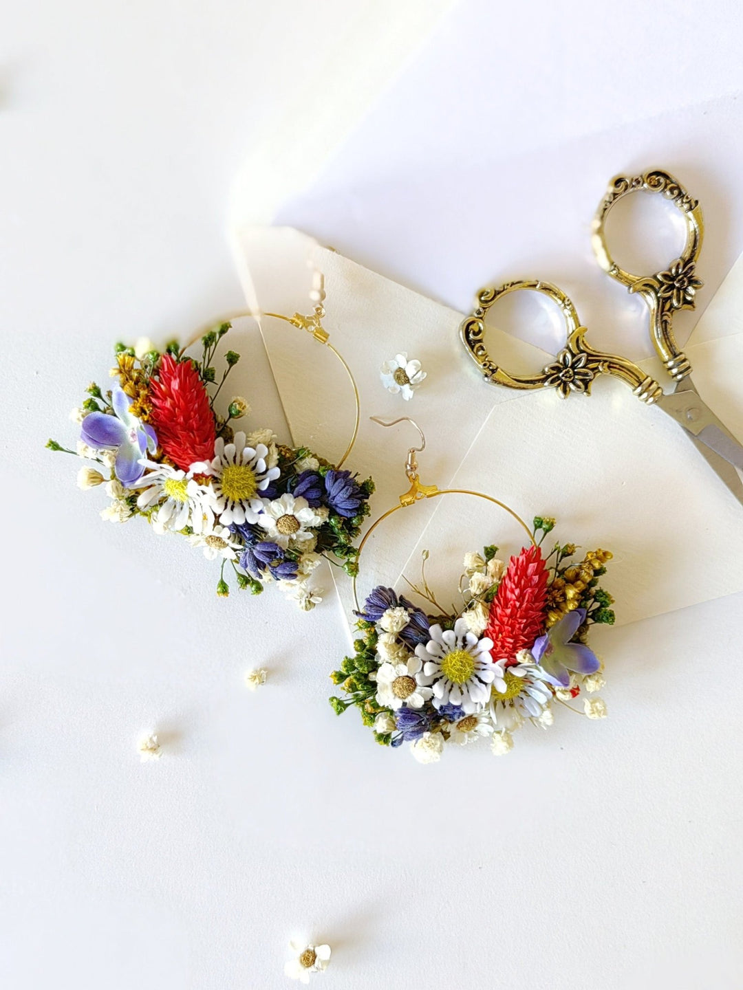 Folk Meadow Flower Circle Earrings: Garden Wedding Jewelry – handmade floral hair accessory by magaela