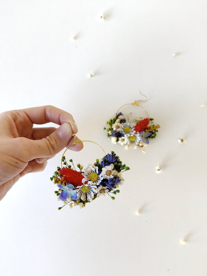 Folk Meadow Flower Circle Earrings: Garden Wedding Jewelry – handmade floral hair accessory by magaela