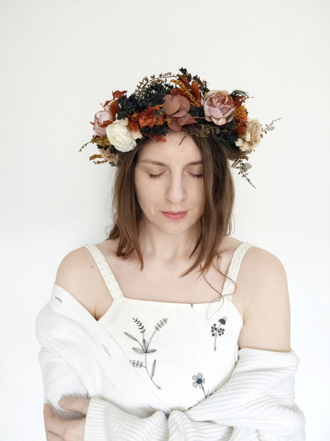 Boho Bridal Flower Crown: Terracotta Autumn Wedding Wreath – handmade floral hair accessory by magaela