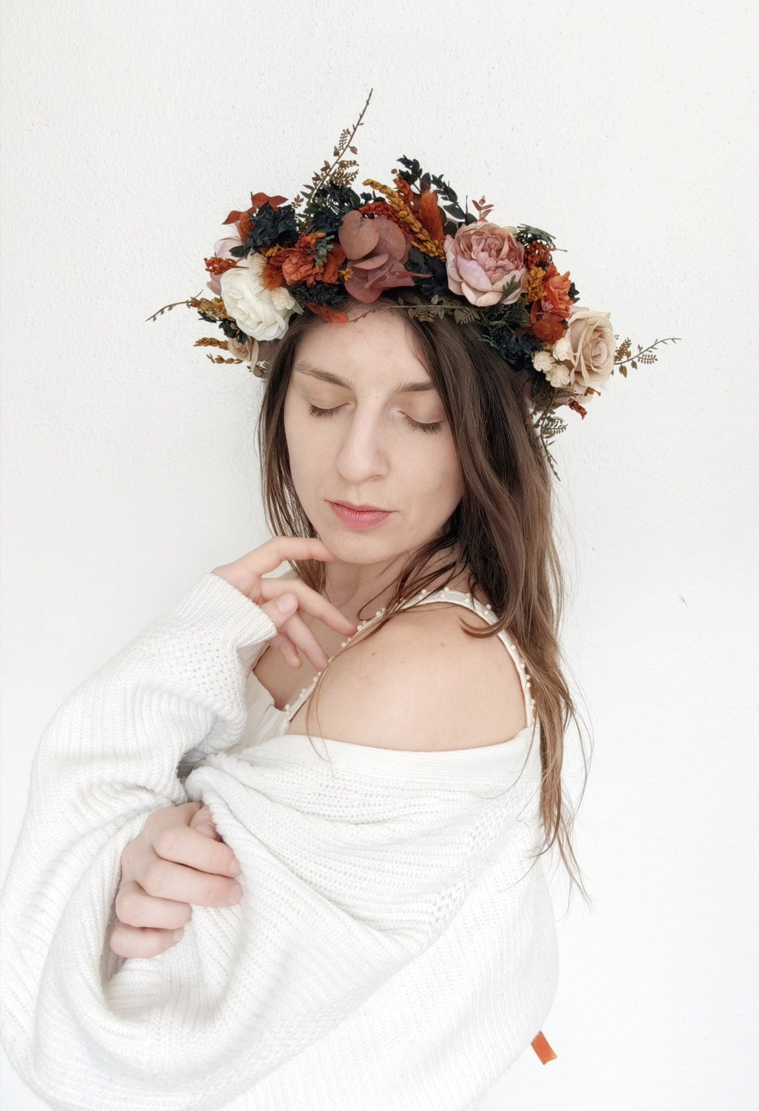 Boho Bridal Flower Crown: Terracotta Autumn Wedding Wreath – handmade floral hair accessory by magaela