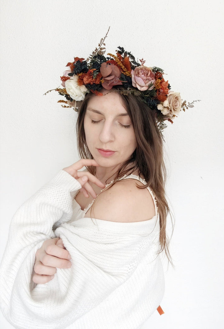 Boho Bridal Flower Crown: Terracotta Autumn Wedding Wreath – handmade floral hair accessory by magaela