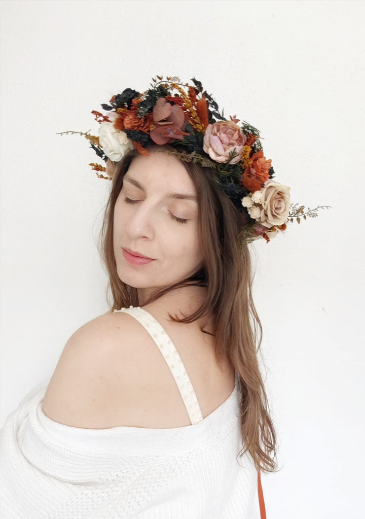Boho Bridal Flower Crown: Terracotta Autumn Wedding Wreath – handmade floral hair accessory by magaela