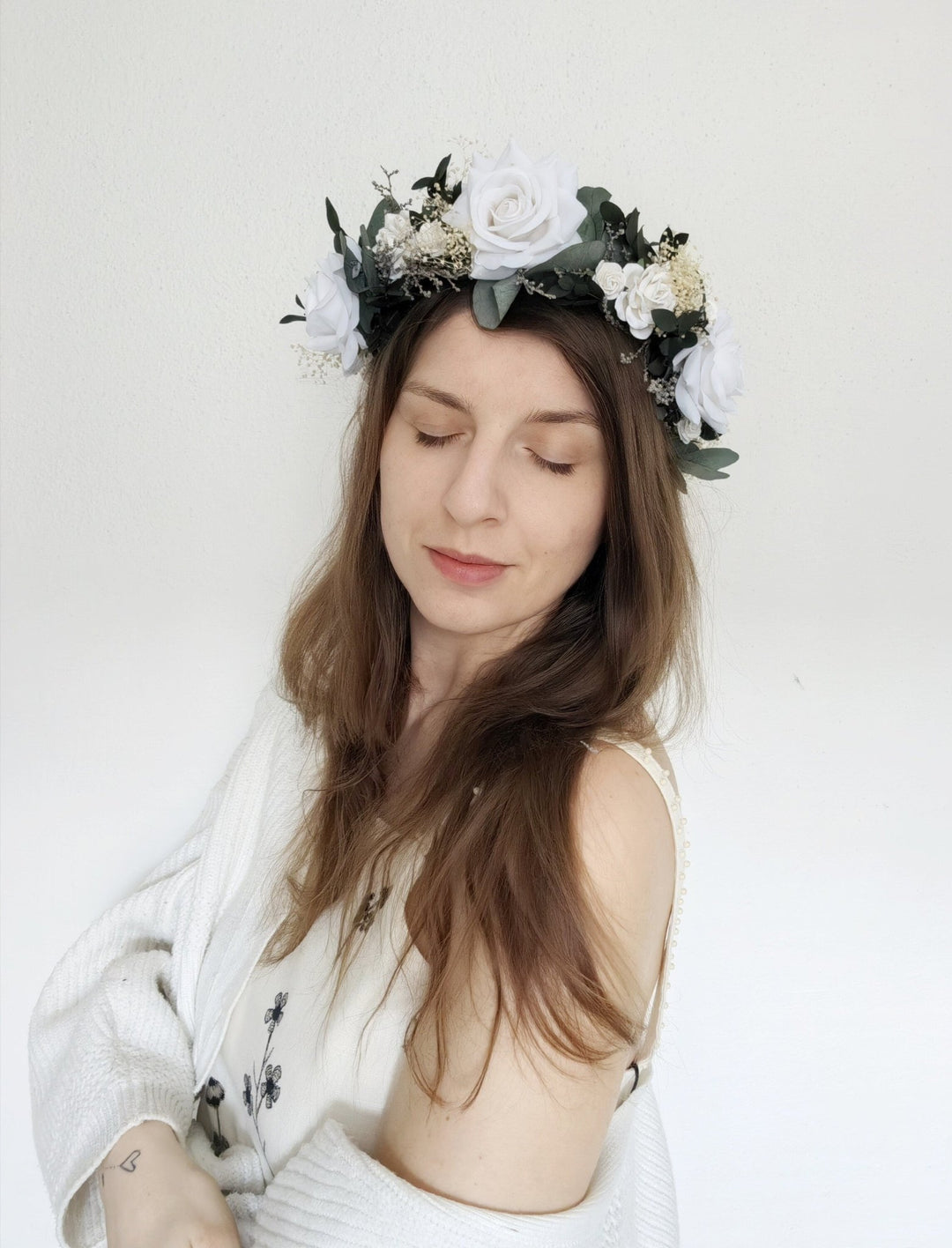 Eucalyptus Bridal Hair Wreath: White Rose Boho Flower Crown – handmade floral hair accessory by magaela