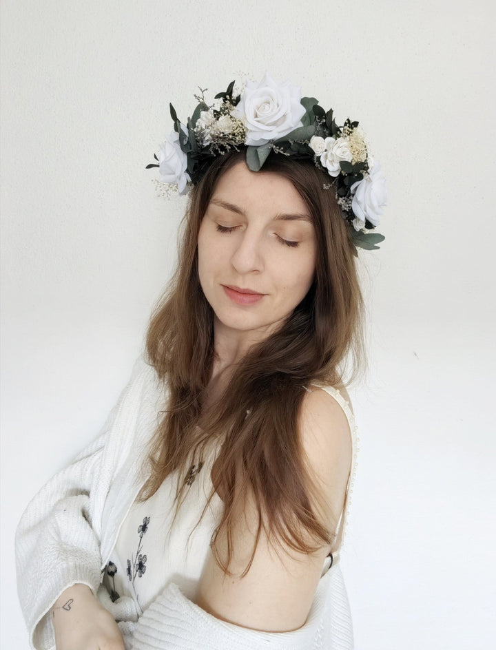 Eucalyptus Bridal Hair Wreath: White Rose Boho Flower Crown – handmade floral hair accessory by magaela