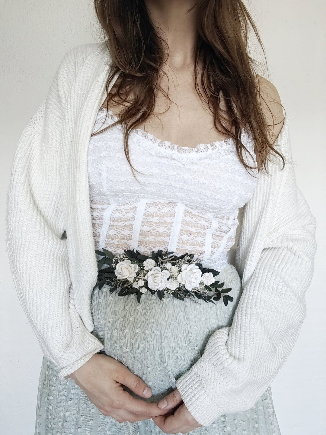 Greenery Bridal Belt: White Roses & Eucalyptus Floral Belt – handmade floral hair accessory by magaela